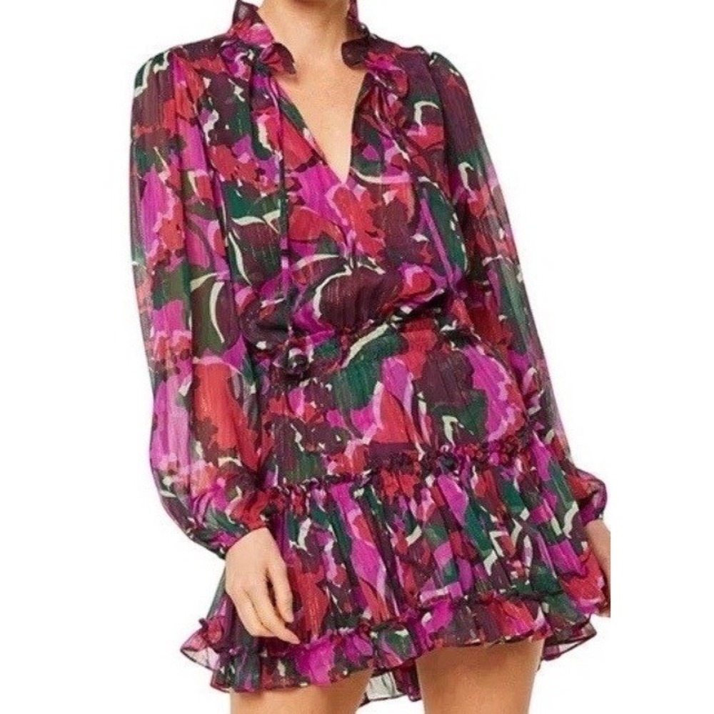 MISA Los Angeles Lorena Mini Dress XS Purple Floral Chiffon Ruffle Boho Party